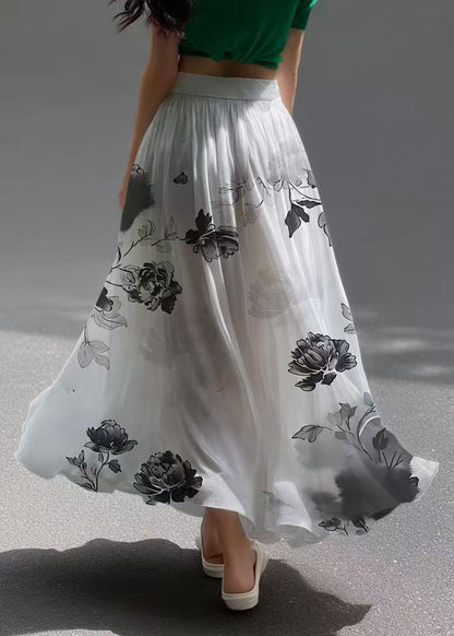 White Print Draping Chiffon a Line Skirts Summer