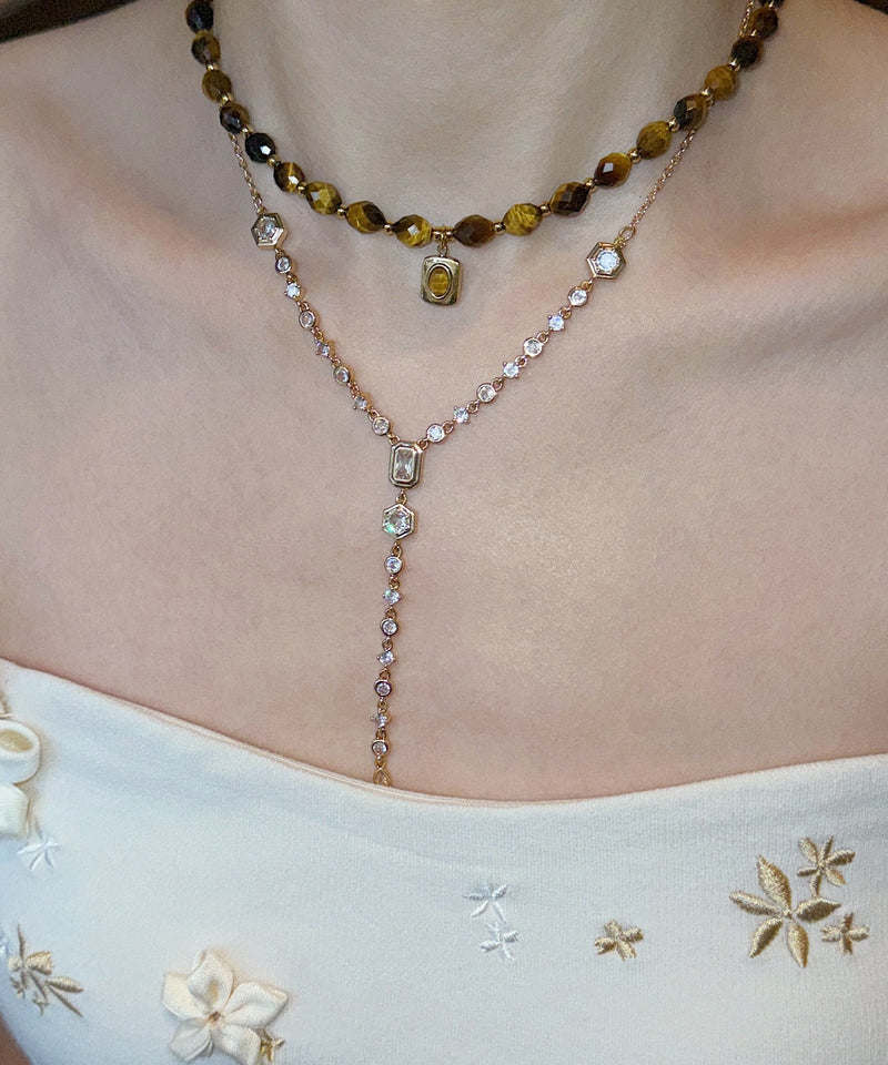 Brown Tiger's Eye Zircon Tassel Layering Titanium Steel Two Piece Set Necklace