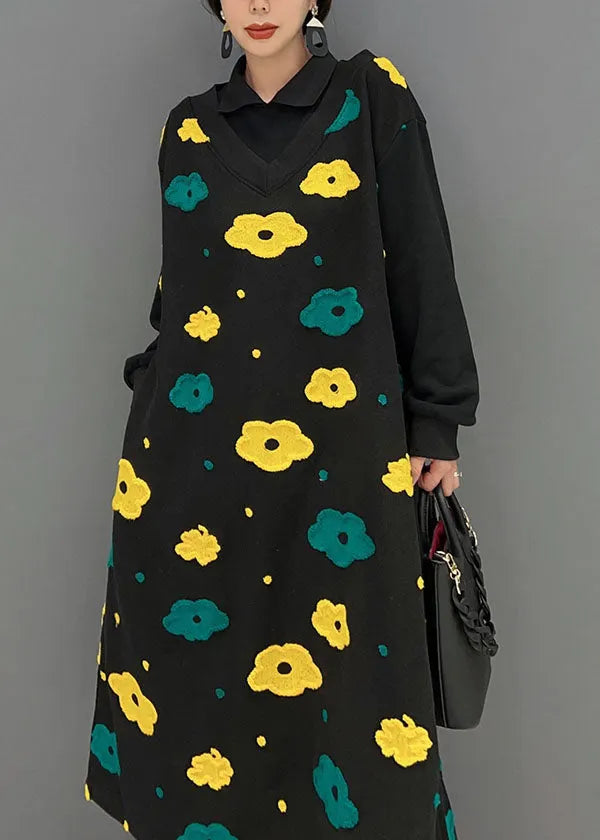 Black Peter Pan Collar Patchwork Print Cotton Fake Two Piece Dress Spring