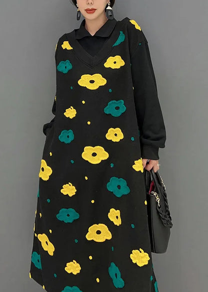 Black Peter Pan Collar Patchwork Print Cotton Fake Two Piece Dress Spring