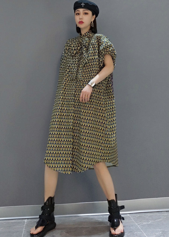 Original Stand Collar Print Cotton Shirt Dress Short Sleeve