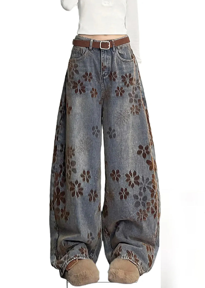 Navy Oversized Print Denim Pants Spring