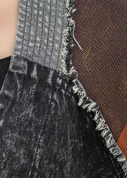Denim V Neck Knit Patchwork Asymmetrical Design Fall Long Sleeve Coat