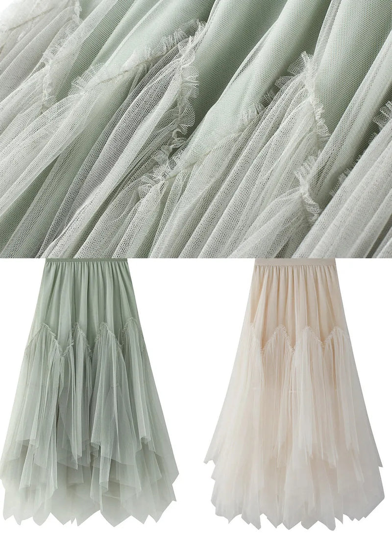 Green Asymmetrical Elastic Waist Tulle Pleated Skirt Summer