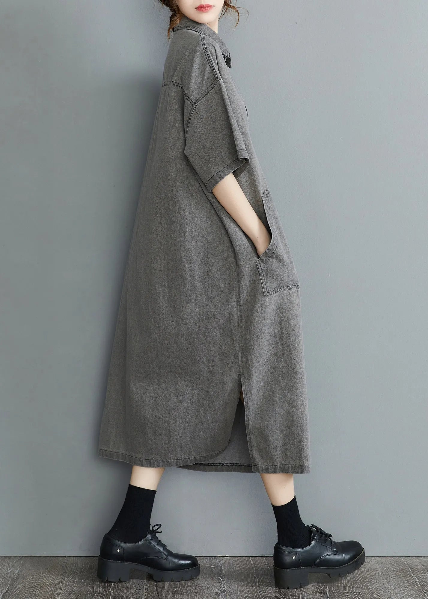Loose Grey Peter Pan Collar Button Side Open Pockets Denim Dresses Short Sleeve