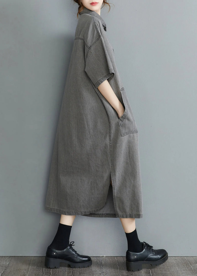 Loose Grey Peter Pan Collar Button Side Open Pockets Denim Dresses Short Sleeve