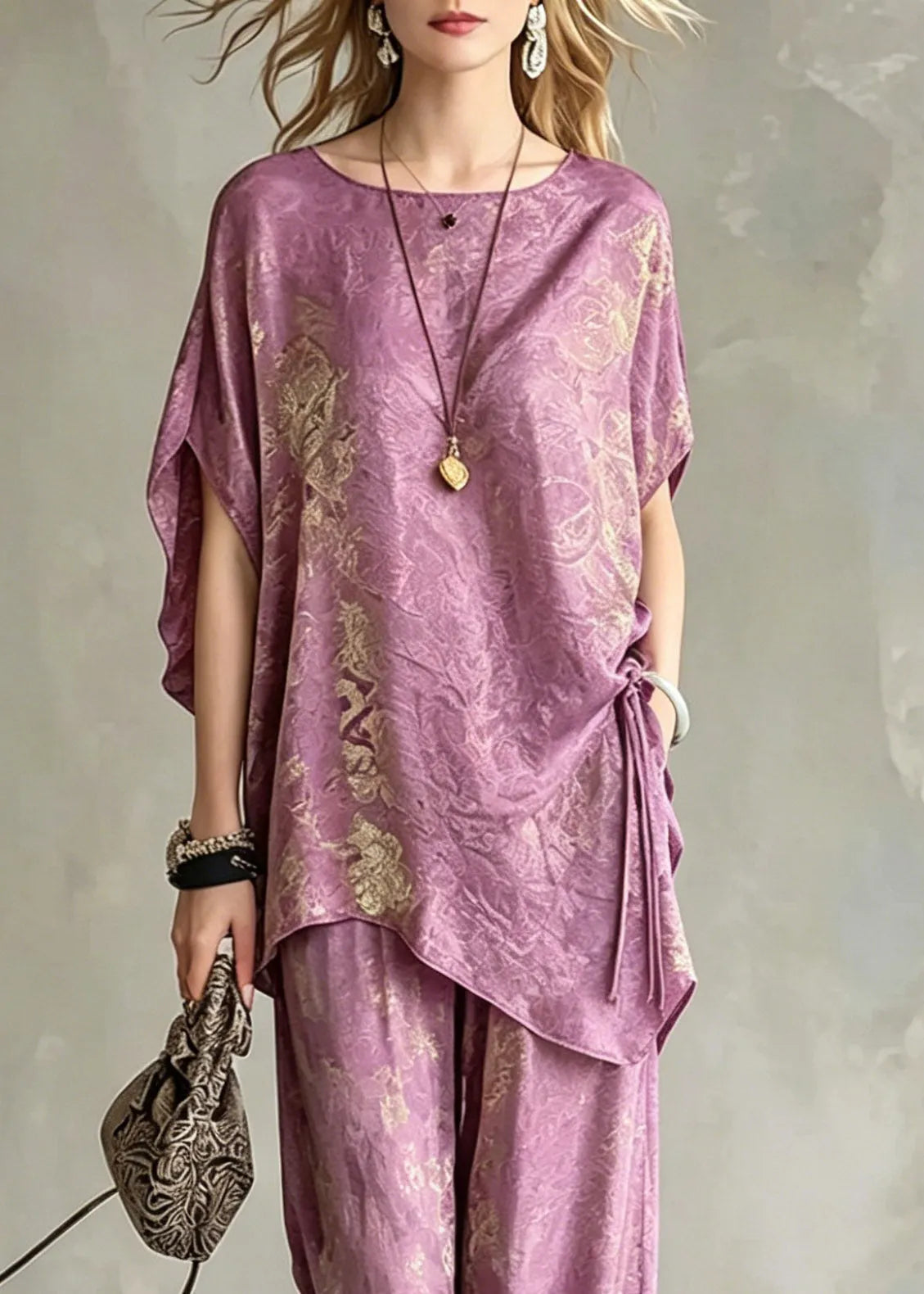 Light Purple Asymmetrical Tie Waist Silk T Shirts and Wide Leg Pants Two Pieces Set Short Sleeve