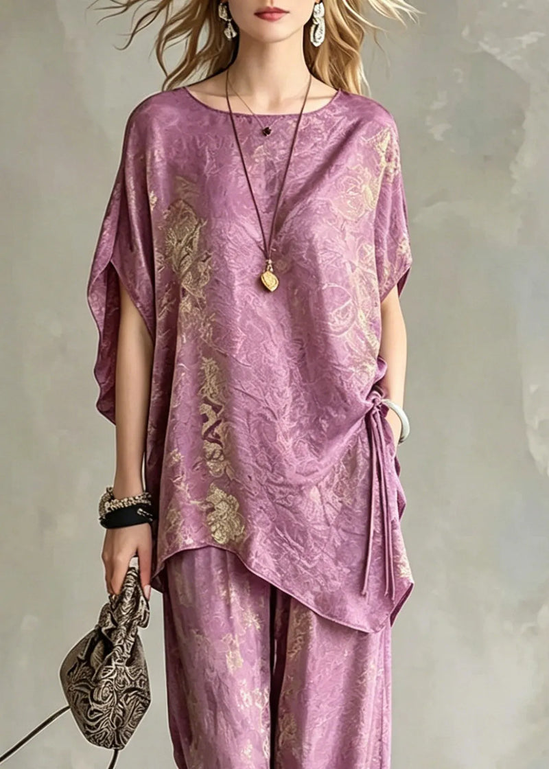 Light Purple Asymmetrical Tie Waist Silk T Shirts and Wide Leg Pants Two Pieces Set Short Sleeve