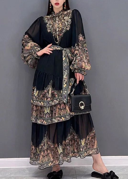 Black Stand Collar Ruffled Layered Print Chiffon Long Dress Lantern Sleeve