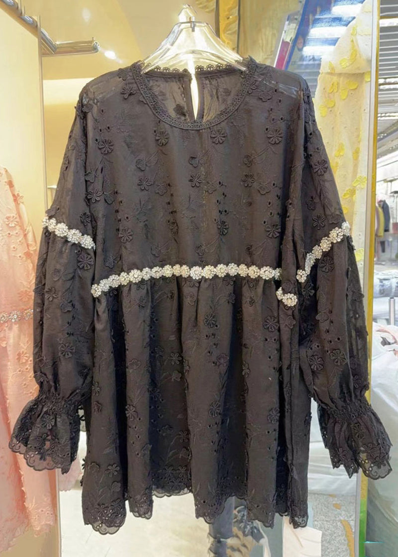 Pink Hollow Out Nail Bead Cotton Blouse Flare Sleeve