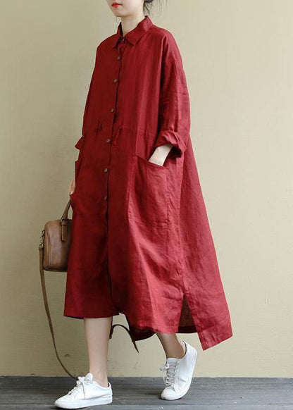 Green Flower Linen Shirt Dress Oversize Spring Maxi Dresses