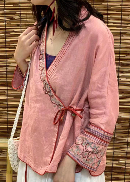 Modern Pink V Neck Embroideried Linen Tops Long Sleeve