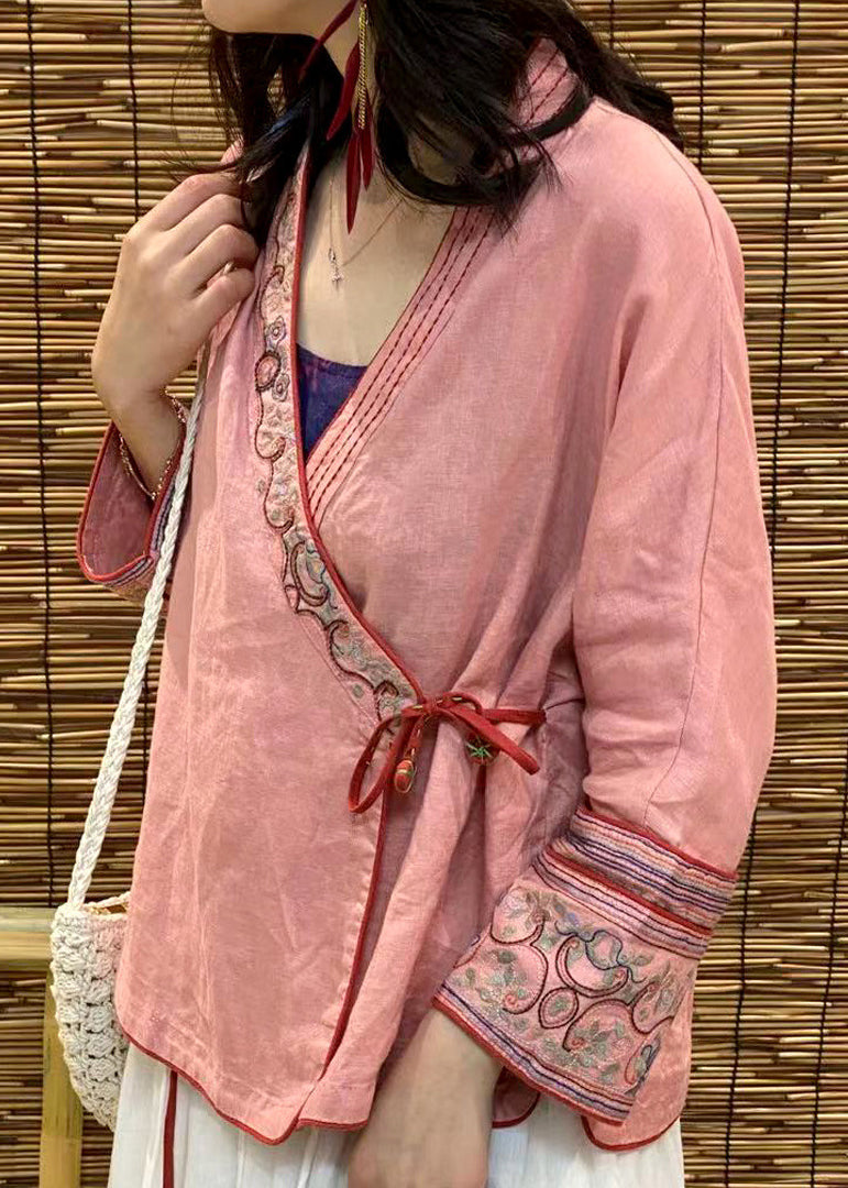 Modern Pink V Neck Embroideried Linen Tops Long Sleeve