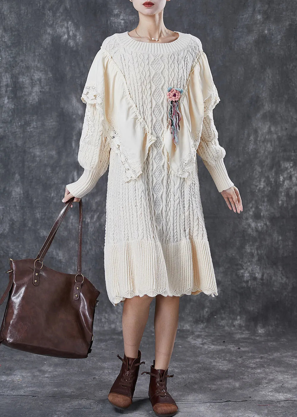 French Apricot Ruffleds Patchwork Knit Sweater Dress Winter