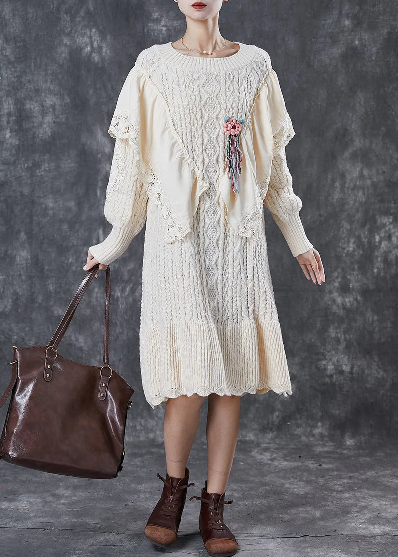 French Apricot Ruffleds Patchwork Knit Sweater Dress Winter