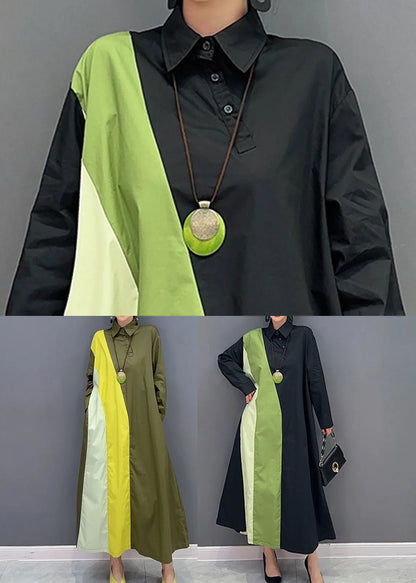 Army Green Peter Pan Collar Patchwork Cotton Maxi Dresses Spring