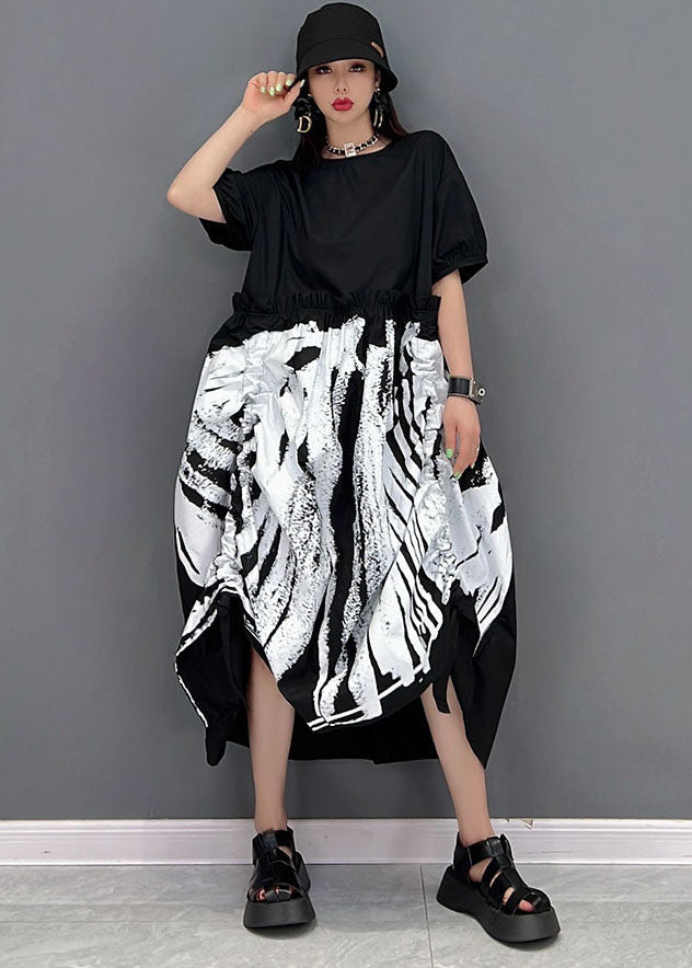 Italian Black O-neck Patchwork Print Wrinkled Cotton Long Dress Short Sleeve