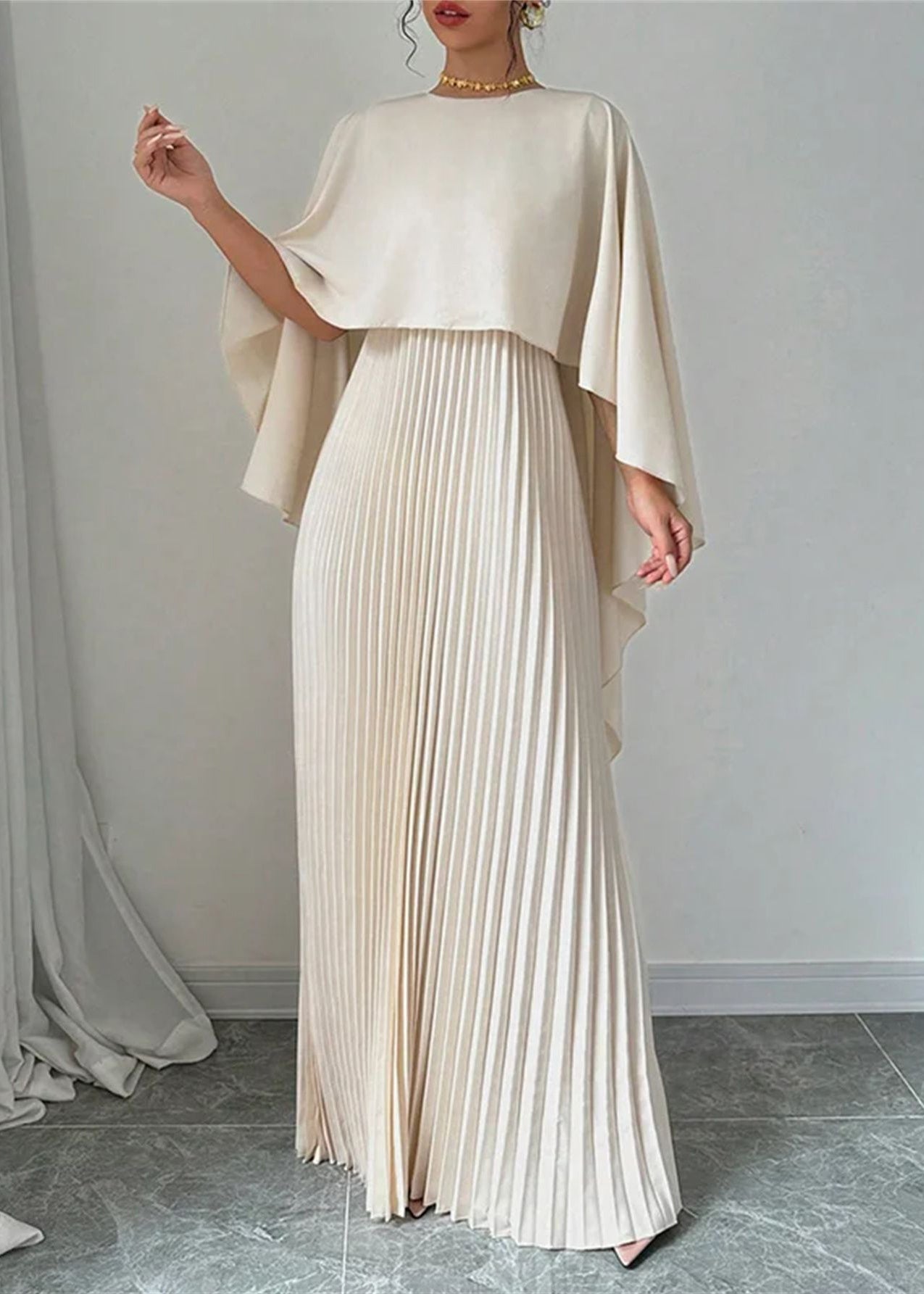Beige Asymmetrical Patchwork Cotton Long Dress Batwing Sleeve