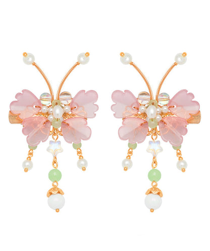 Pink Copper Alloy Pearl Butterfly Tassel Kids a Pair Hairpin