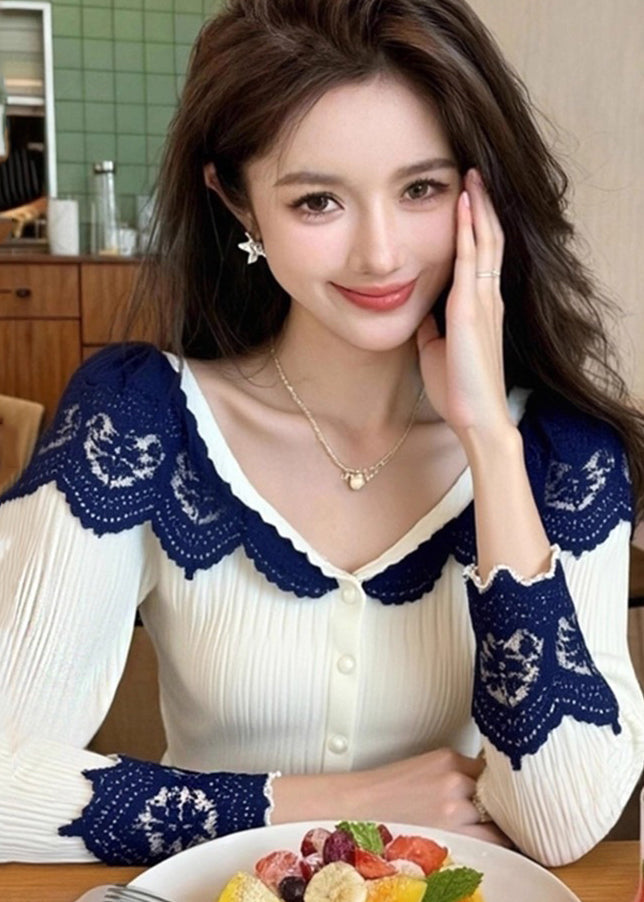 White V Neck Lace Patchwork Knit Tops Spring