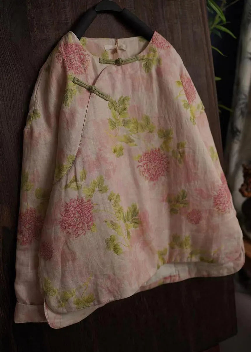 Oriental Beige O-neck Print Fine Cotton Filled Coats