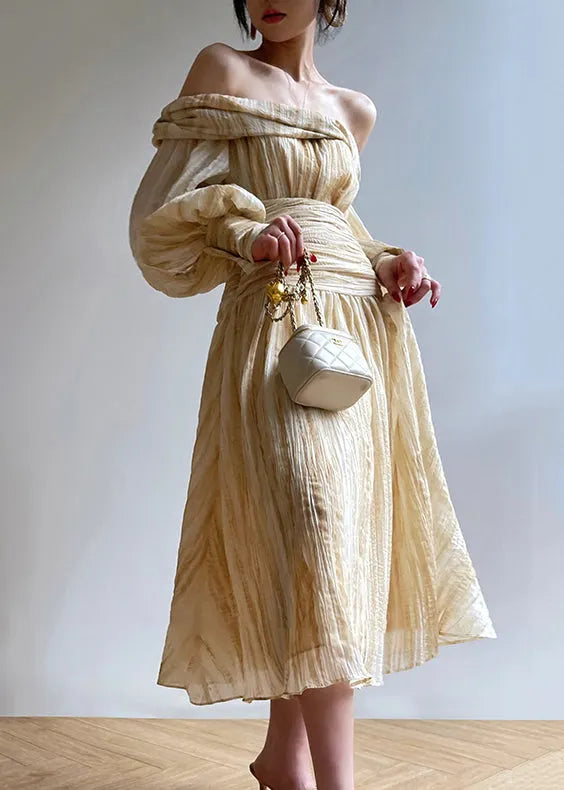 Art Beige Slash Neck Front Open Shirts and Skirts 2 Piece Outfit Lantern Sleeve