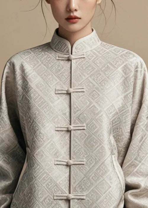 New Grey Stand Collar Print Cotton Coat Fall