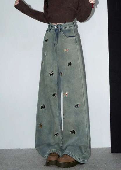 Denim Blue Embroidered Pockets Warm Fleece Pants