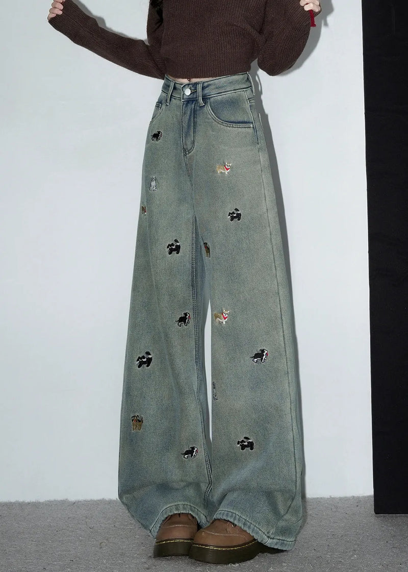 Denim Blue Embroidered Pockets Warm Fleece Pants