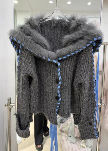 Dark Gray Fur Collar Button Cozy Knit Coat Fall