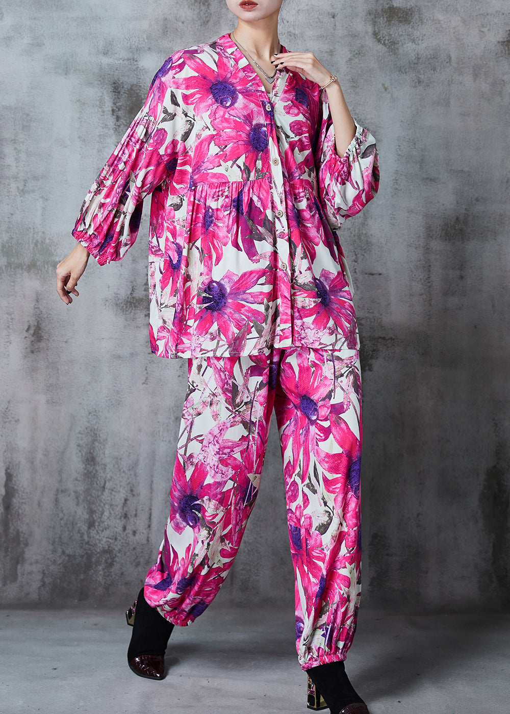 Rose Oversized Print Cotton Two Pieces Set Summer