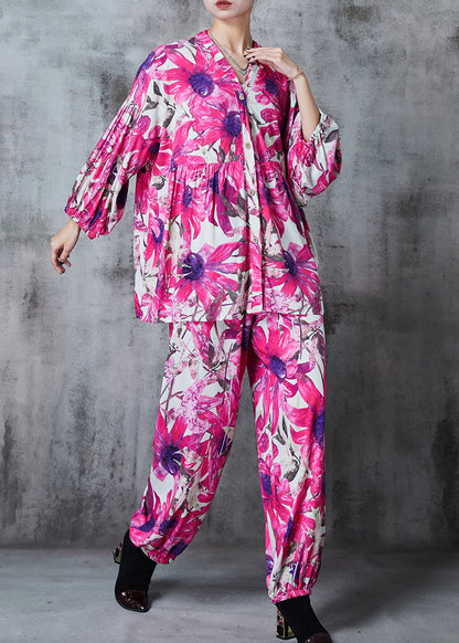 Rose Oversized Print Cotton Two Pieces Set Summer