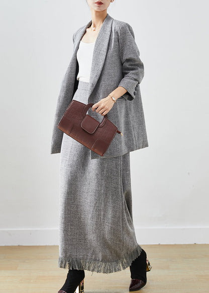 Grey Tasseled Linen Sets 2 Pieces Winter