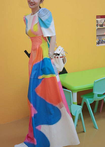 Holiday Style Printed Patchwork Bubble Sleeve Dress