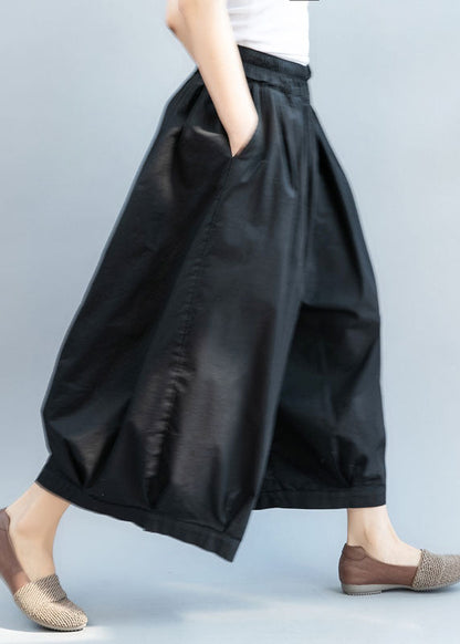 Black Cinched Pockets Cotton Lantern Pants Spring