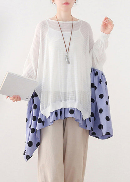 White O-neck Dot Patchwork Cotton Knit Tops Batwing Sleeve