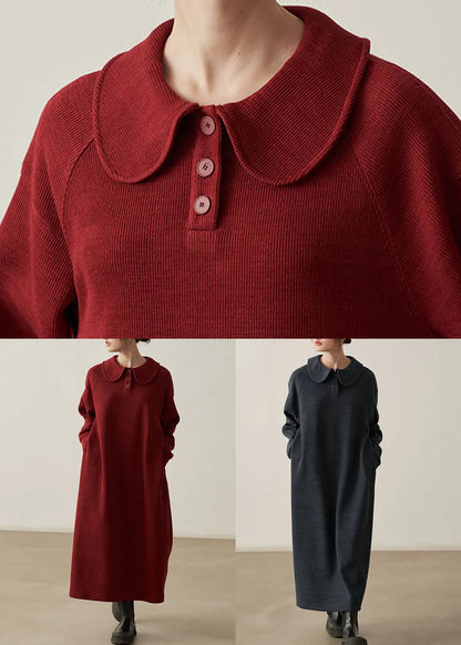 Loose Wine Red Pockets Cozy Patchwork Cotton Knit Long Dresses Fall