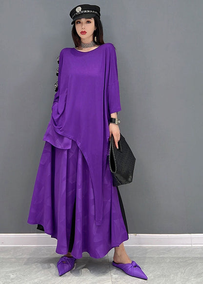 Novelty Purple Asymmetrical Design Patchwork Off the Shoulder Cotton Two Pieces Set Summer
