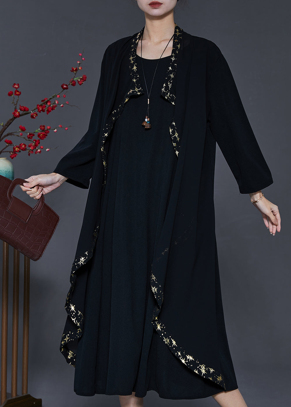 Black Ruffled Patchwork Chiffon Maxi Dresses Spring