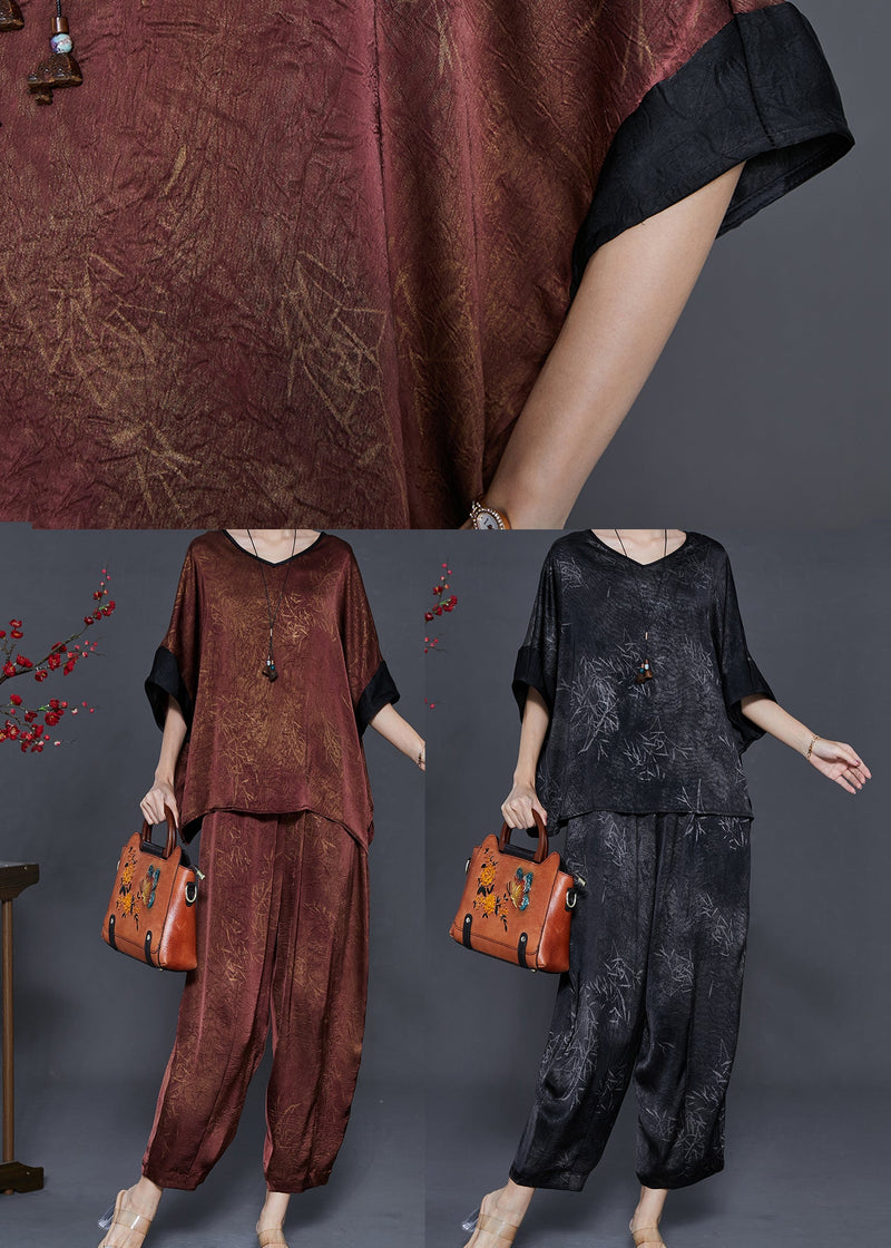 Brown Oversized Print Silk Two Pieces Set Summer