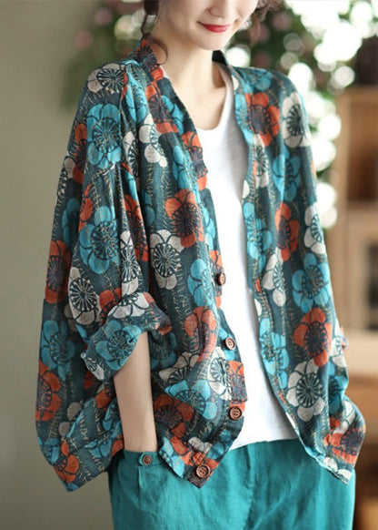 Orange V Neck Button Print Cotton Cardigans Spring