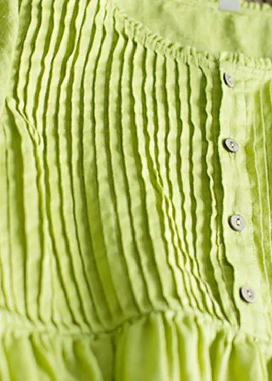 Classy Grass Green Cinched Button Summer Linen Dress