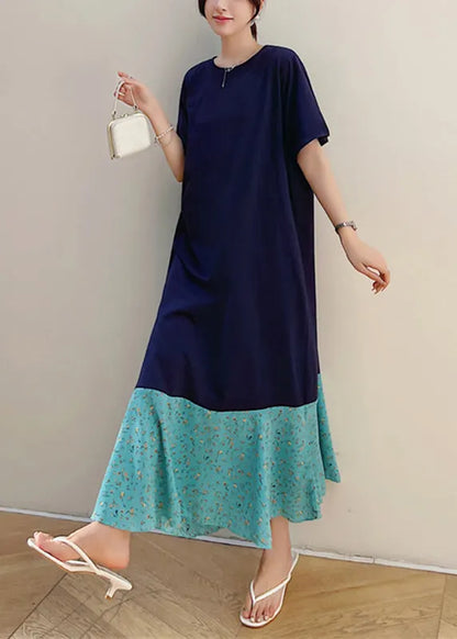 Navy Print Patchwork Fake Two Pieces Maxi Dresses Short Sleeve