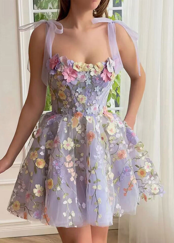 Novelty Purple Embroidered Zippered Tulle Spaghetti Strap Dress Sleeveless Summer