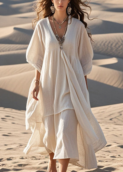 White Cotton Maxi Dresses Asymmetrical Bracelet Sleeve Summer