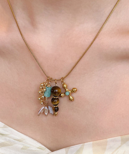 Gold Tiger's Eye Cross Gold Plated Pendant Necklace