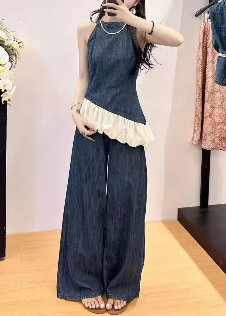 New Blue Pockets Patchwork Tops and Wide Leg Pants Denim Two Pieces Set Sleeveless