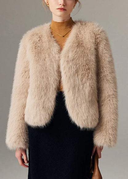 Classy Beige V Neck Warm Leather and Fur Coat Winter