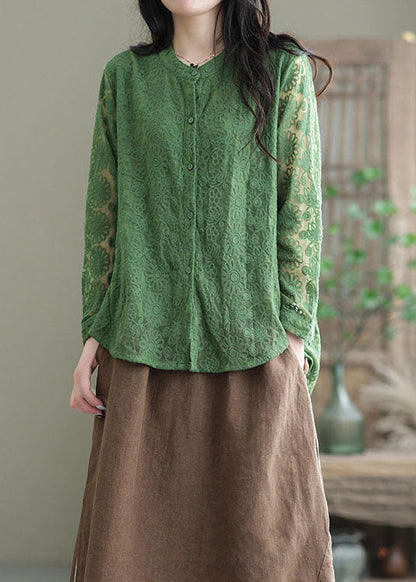 Green Lace Tops Asymmetrical Embroideried O-neck Spring