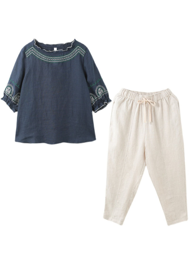 Navy Ruffled Embroideried Linen Tops and Crop Pants Two Piece Set Clothing Half Sleeve